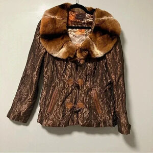 Vakko Y2K rabbit fur wrinkled jacket with leather trim duffle jacket snap